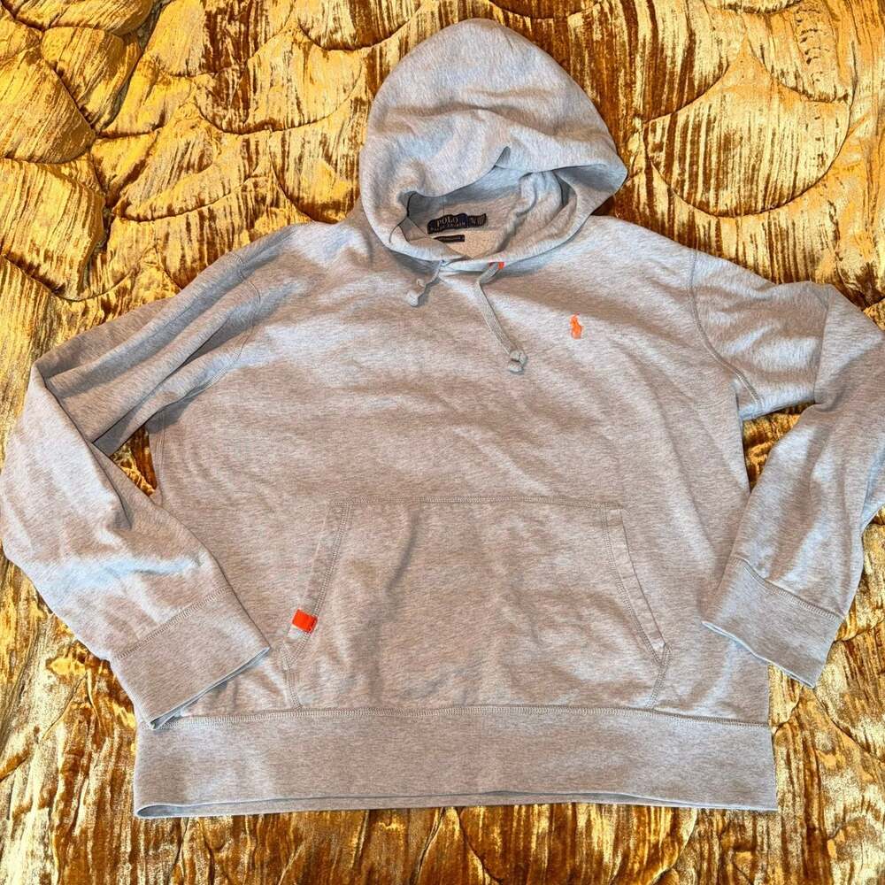 Grey Polo Hoodie with orange logo and eyelets men’s size xl extra large